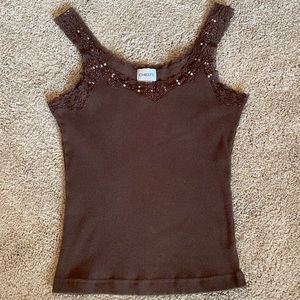 Chico’s size 0 brown tank top with lace, beads and sequins trim.